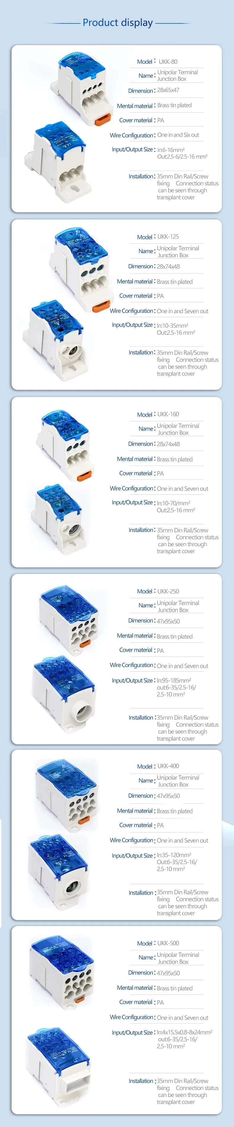 One-in And Multiple-out Rail Type Junction Box Ukk-80a Terminal Block Ground Busbar