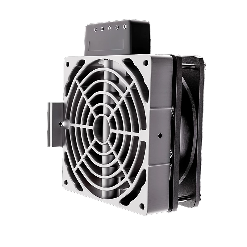 Fan heater HVL031 with power options of 100W, 150W, 200W, 300W, and 400W, equipped with an electrical cabinet and PTC dehumidifying heating plate.