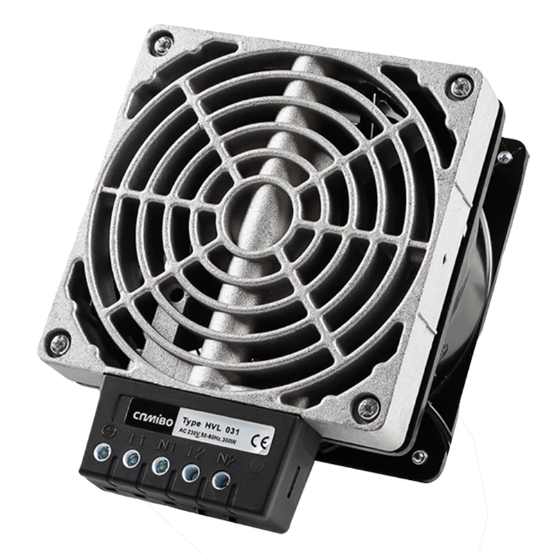 Fan heater HVL031 with power options of 100W, 150W, 200W, 300W, and 400W, equipped with an electrical cabinet and PTC dehumidifying heating plate.