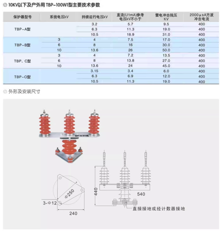 10KV combined overvoltage protector, high-voltage three-phase three column cabinet lightning arrester TBP-B-12.7F/131