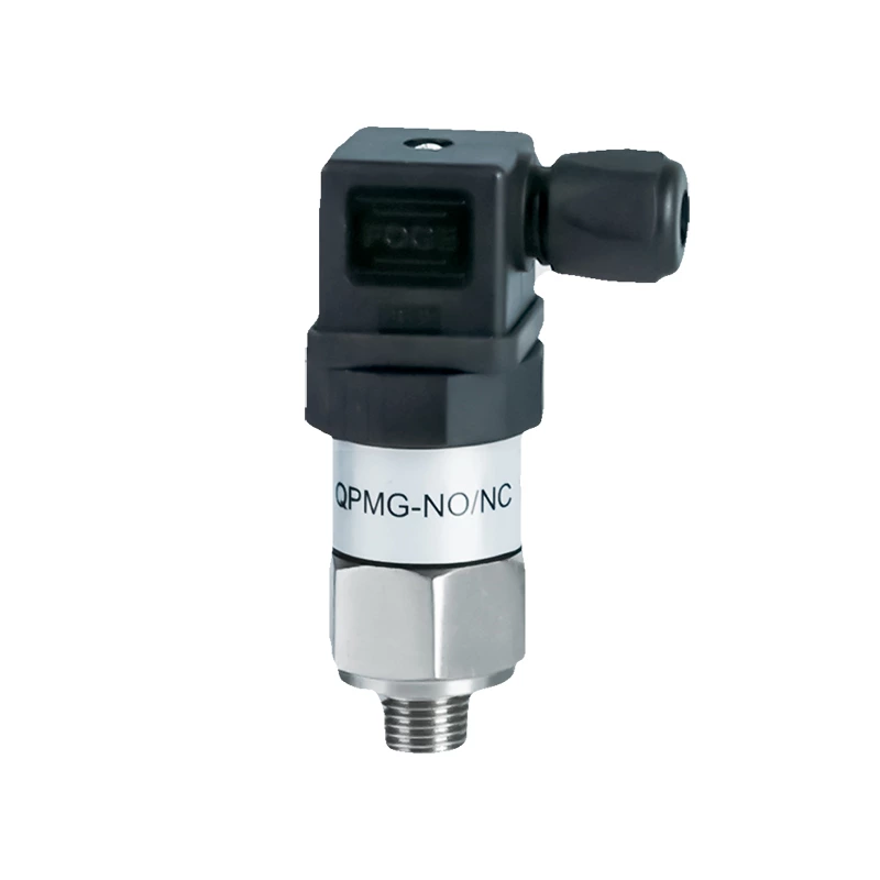 Mechanical pressure switch, adjustable QPMG, normally open and normally closed, high-pressure stainless steel piston diaphragm type for water, gas, oil, and hydraulic systems.
