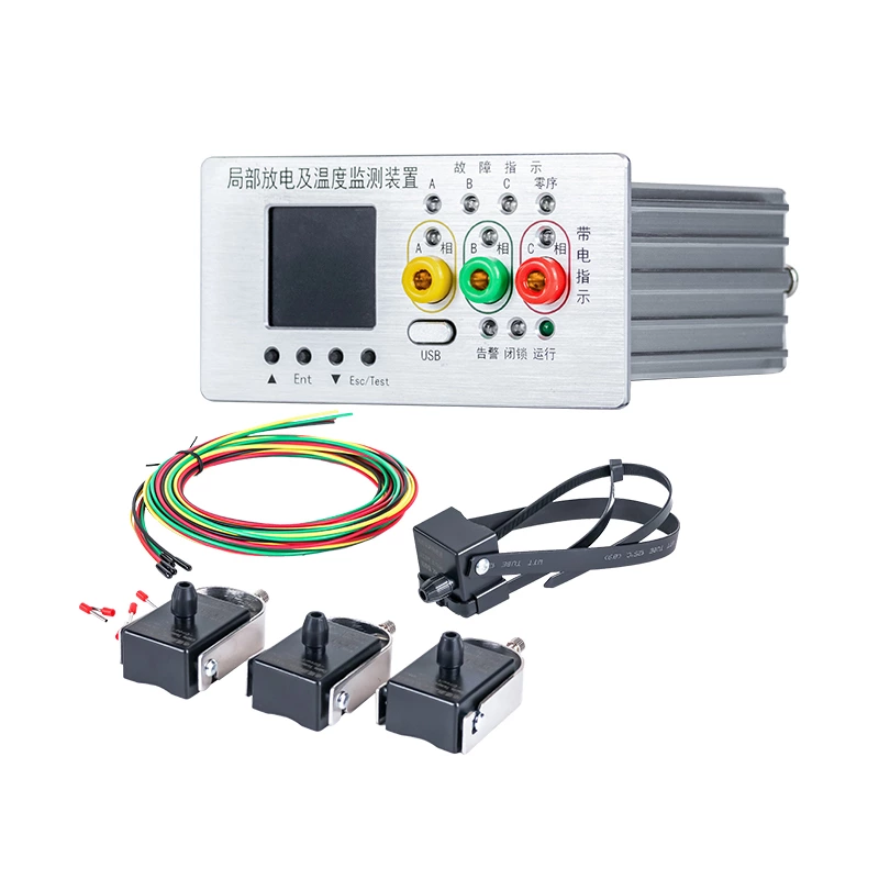 Partial discharge and temperature monitoring device for online fault indication, real-time temperature measurement, ring main unit, and distribution transformer partial discharge monitoring.
