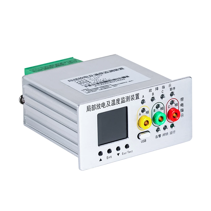 Partial discharge and temperature monitoring device for online fault indication, real-time temperature measurement, ring main unit, and distribution transformer partial discharge monitoring.