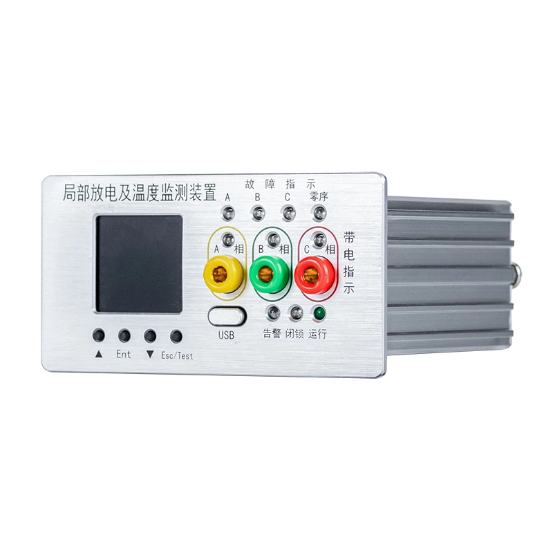 Partial discharge and temperature monitoring device for online fault indication, real-time temperature measurement, ring main unit, and distribution transformer partial discharge monitoring.