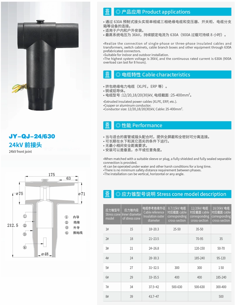 24kV European-style plug-in head, front elbow cable connector, high-voltage cable branch box component, touchable T-type
