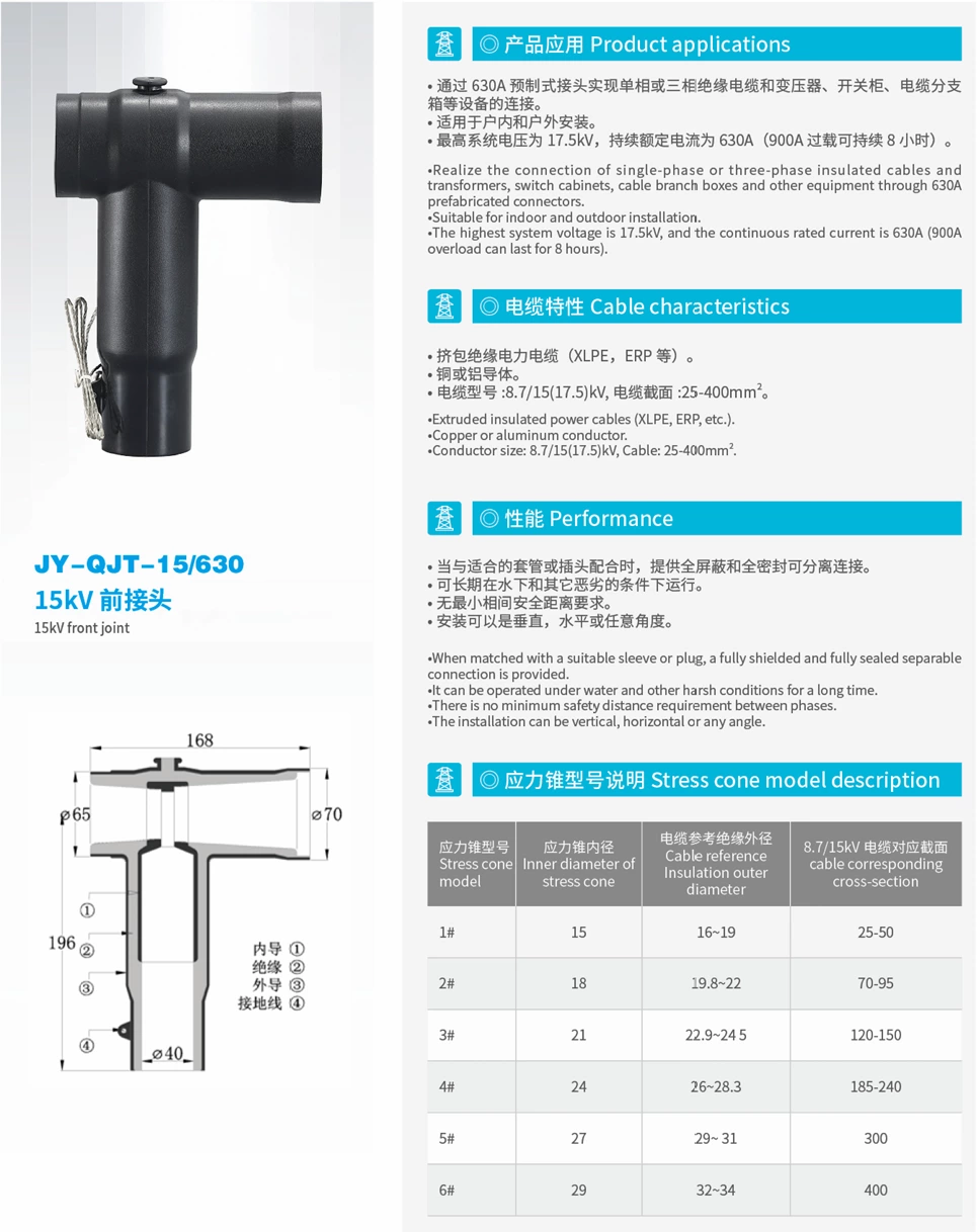 10kV European-style plug-in head, touchable T-type elbow cable connector, high-voltage cable distribution box, front plug-in head