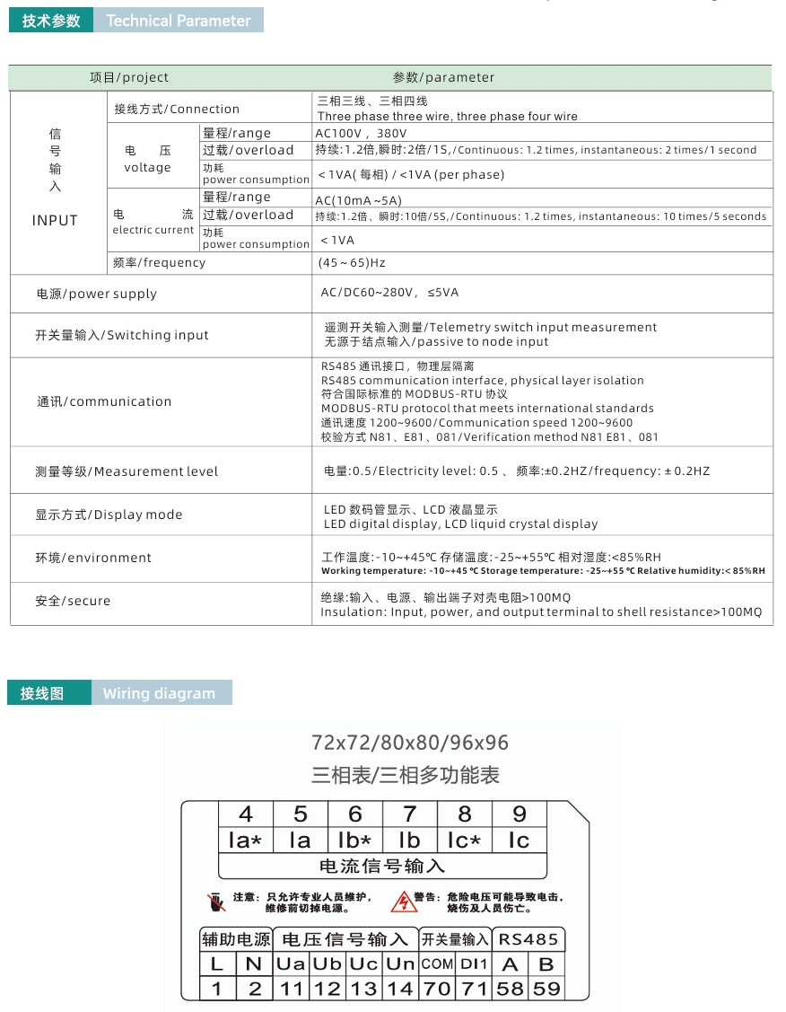 Three-phase digital current, voltage, and power combination multifunctional electrical meter, LCD energy digital network meter 485