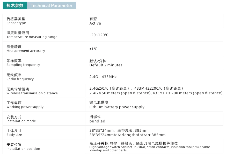 Industrial busbar temperature sensor, active wireless sensor (band type), one temperature measurement point per unit