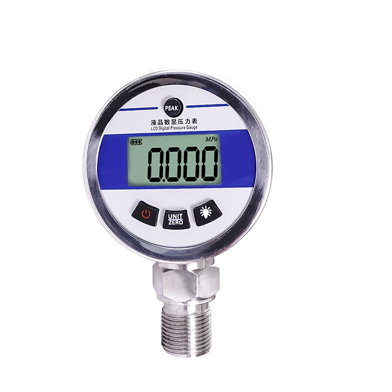 High-precision 0.2, 0.5 grade built-in battery intelligent electronic digital pressure gauge for oil, gas, water, and hydraulic systems with LCD display.